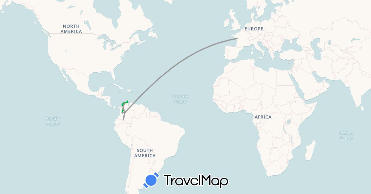 TravelMap itinerary: driving, bus, plane, train, hiking, boat in Bolivia, Switzerland, Chile, Colombia, Peru (Europe, South America)